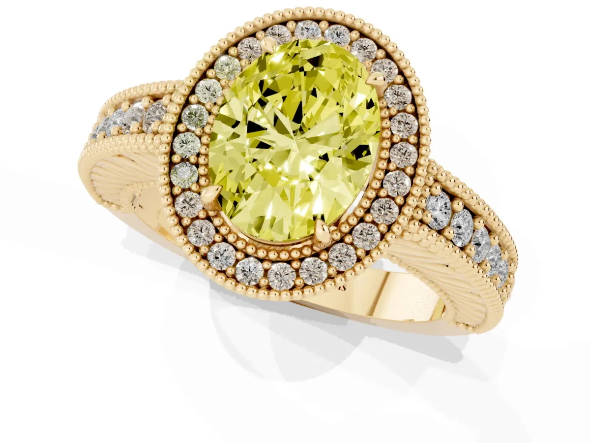 Fancy Yellow Oval Cut Cut Halo Diamond Ring with Pavé Band and Four-Prong Setting Yellow gold