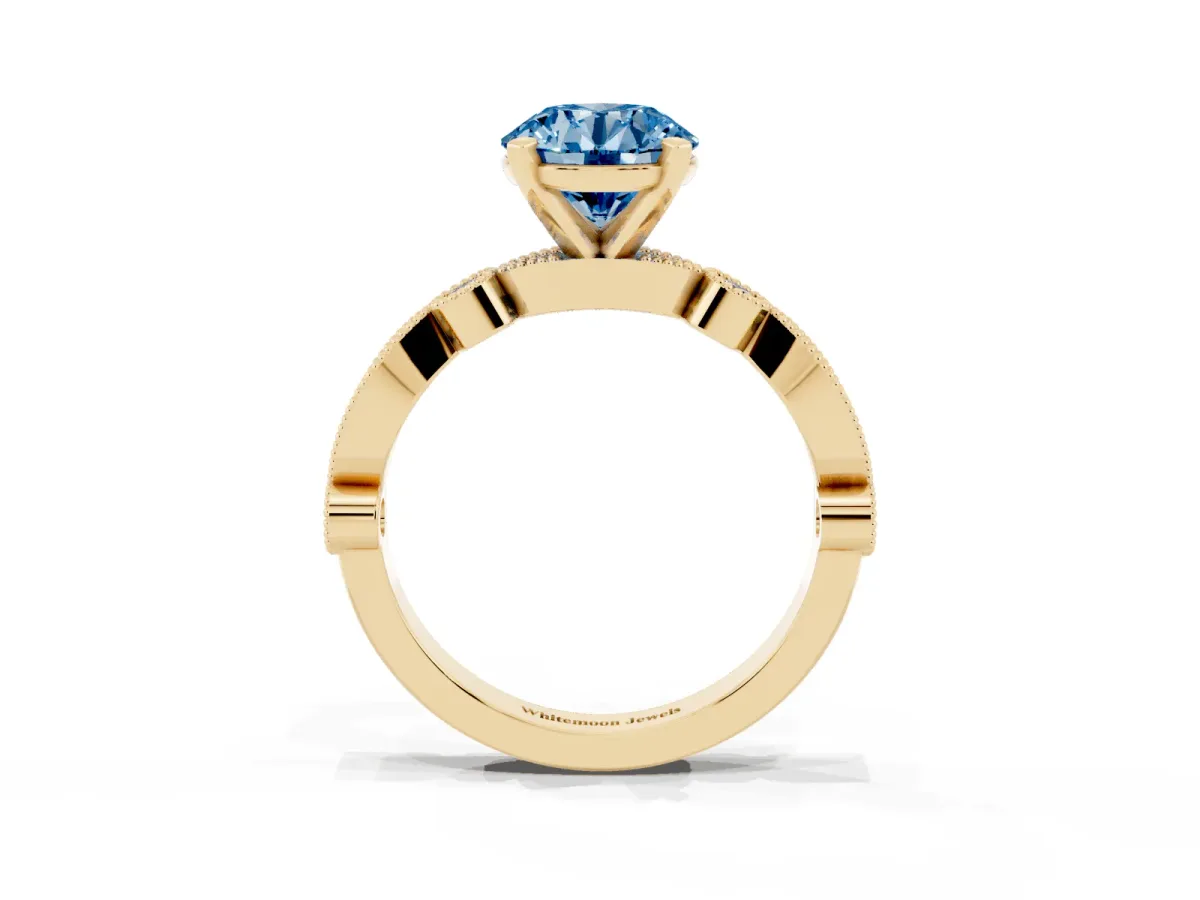 Fancy Blue Round Cut Milgrain Bezel Diamond Engagement Ring with Solitaire Prong Setting Yellow gold