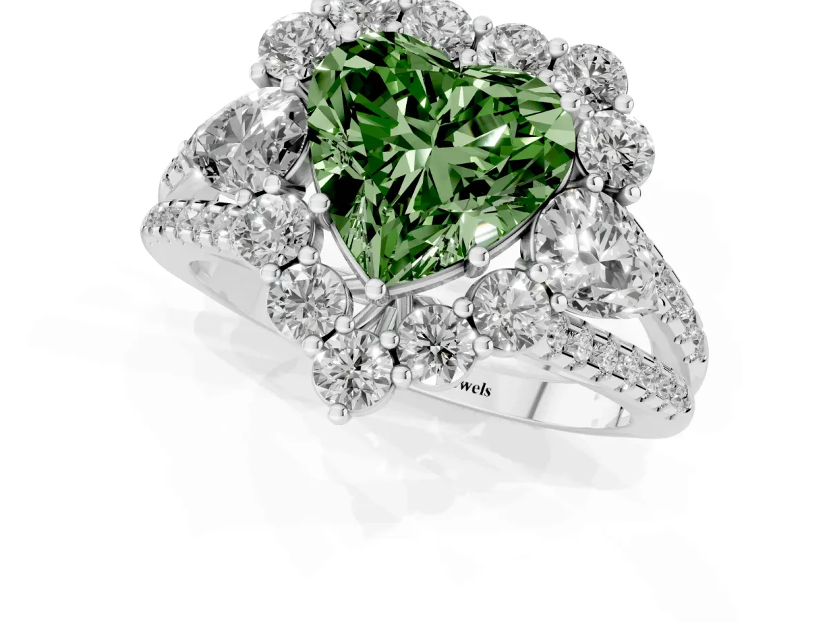 Fancy Green Heart Cut Halo Split Shank Diamond Engagement Ring with Prong Setting Silver
