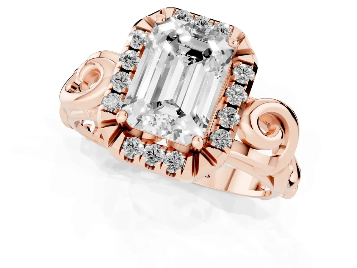 Emerald Cut Cut Halo Diamond Ring with Scrollwork Band and Four-Prong Setting Rose gold