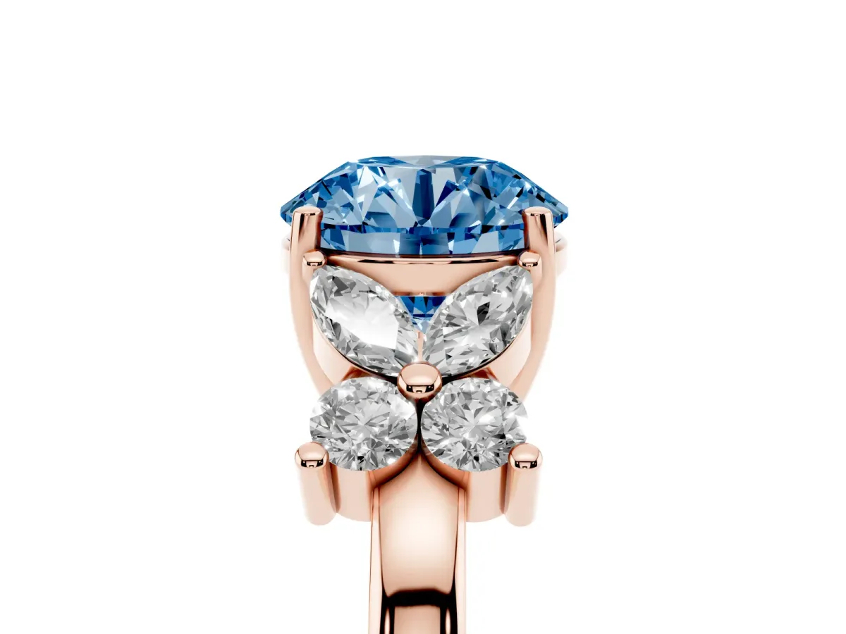 Fancy Blue Round Cut Diamond Floral Cluster Ring with Solitaire Band and Prong Setting Rose gold