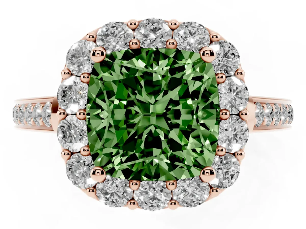 Fancy Green Cushion Cut Diamond Floral Halo Ring with Pavé Band and Prong Setting Rose gold