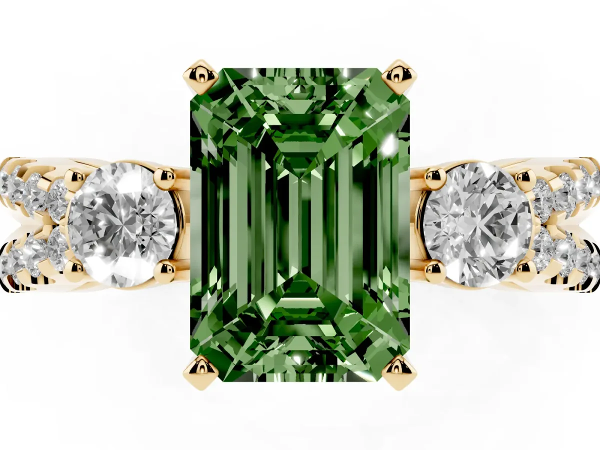Fancy Green Emerald Cut Diamond Three-Stone Ring with Pavé Split Shank and Four-Prong Setting Yellow gold