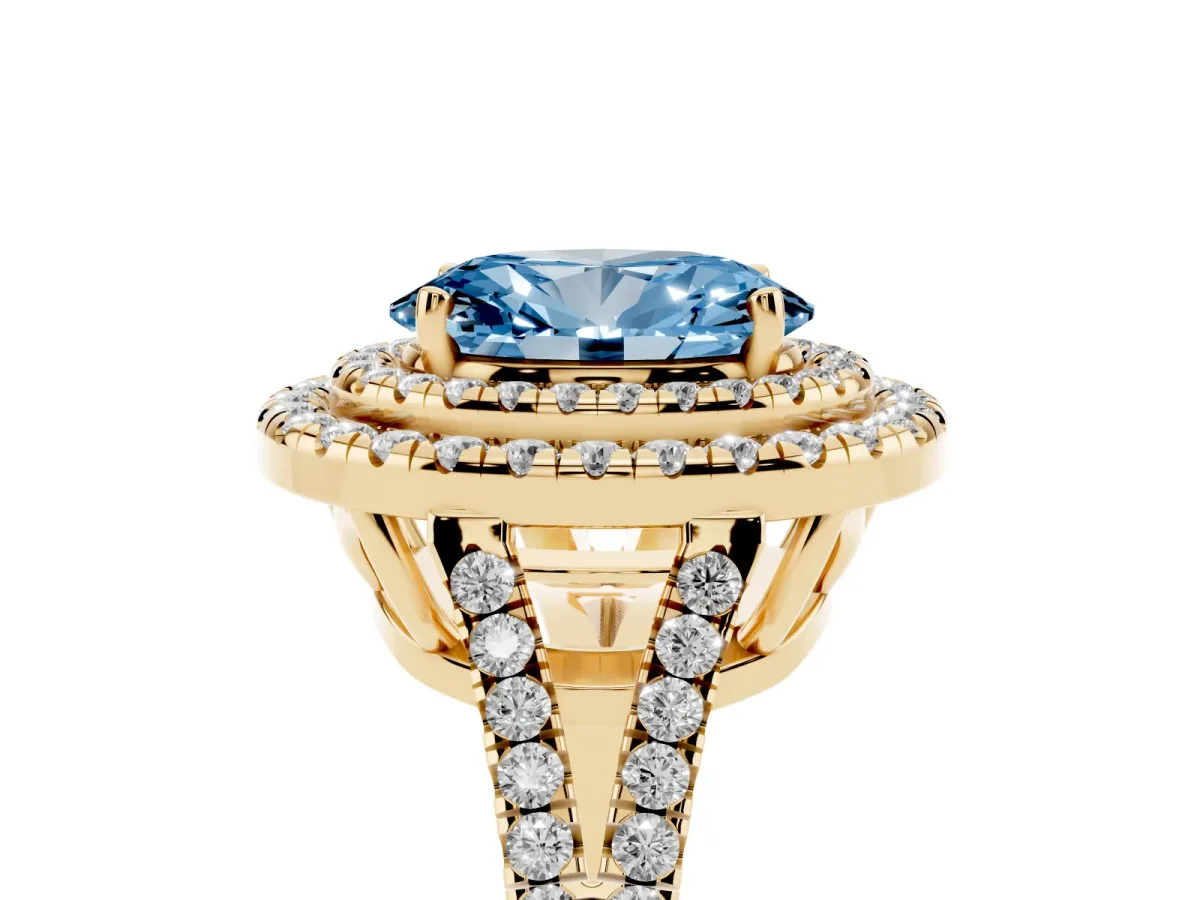 Fancy Blue Oval Cut Diamond Double Halo Ring with Pavé Band and Prong Setting Yellow gold