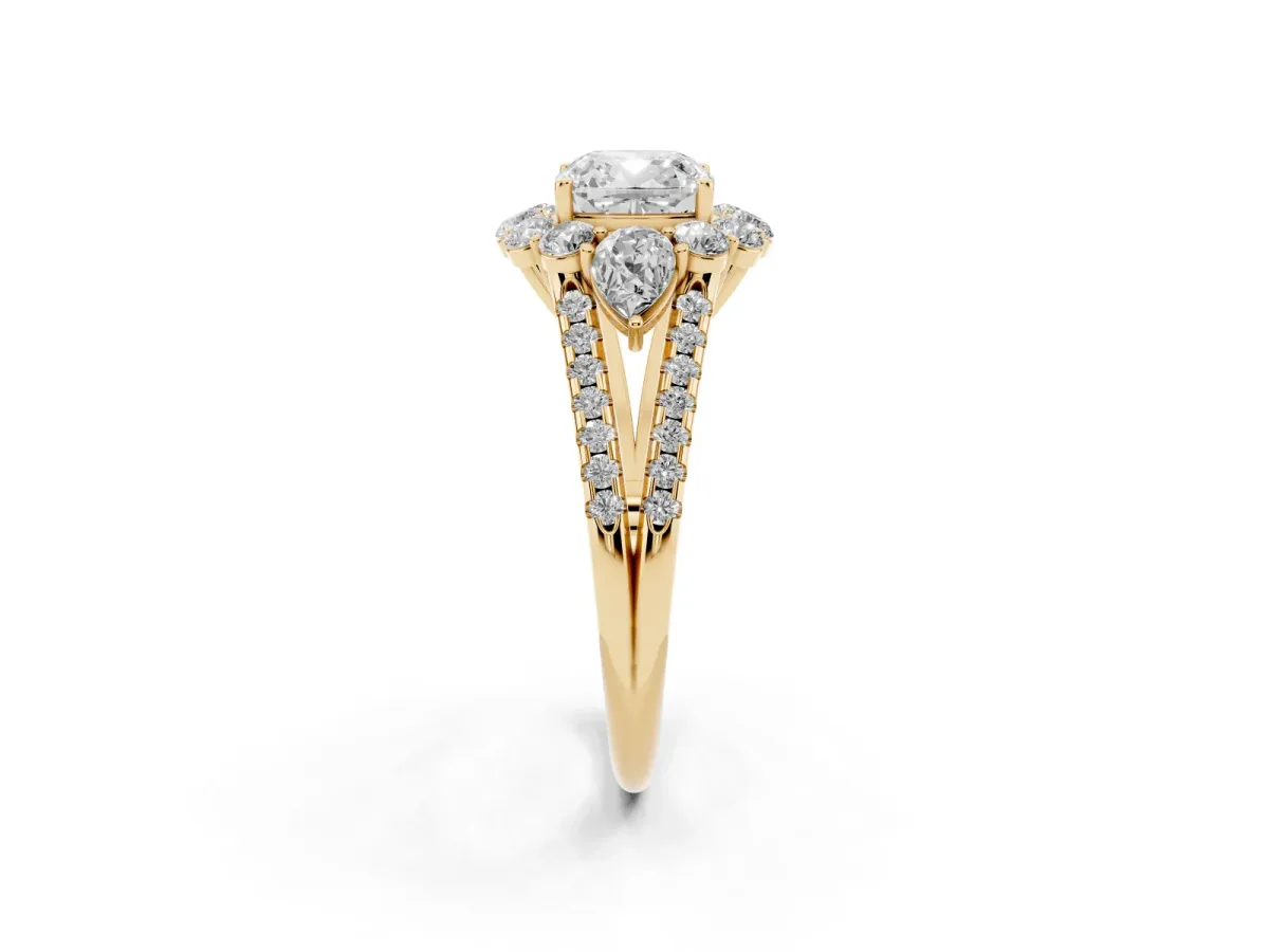 Cushion Cut Halo Split Shank Diamond Engagement Ring with Prong Setting Yellow gold