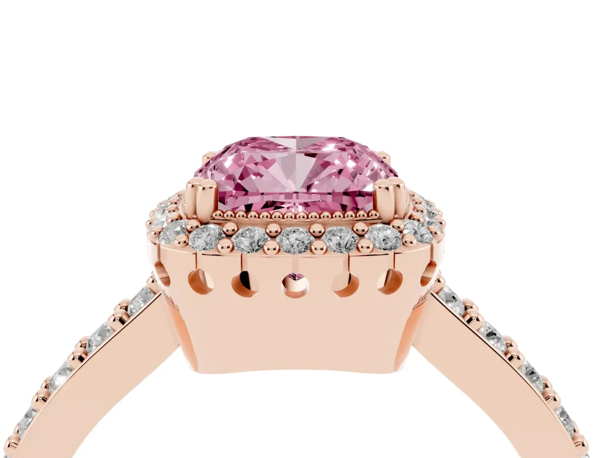 Fancy Pink Cushion Cut Cut Diamond Halo Engagement Ring with Milgrain Detail and Pavé Band Rose gold