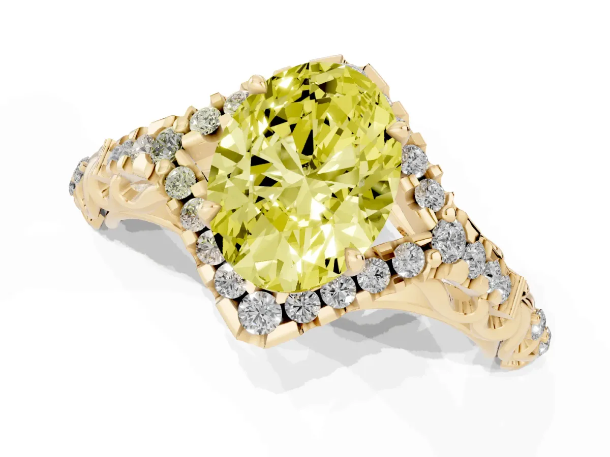 Fancy Yellow Oval Cut Diamond Solitaire Ring with Hidden Halo and Pavé Band Yellow gold
