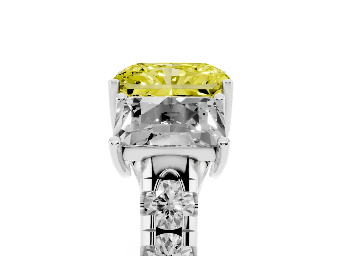 Fancy Yellow Three-Stone Radiant Cut Diamond Pavé Band with Prong Setting Silver