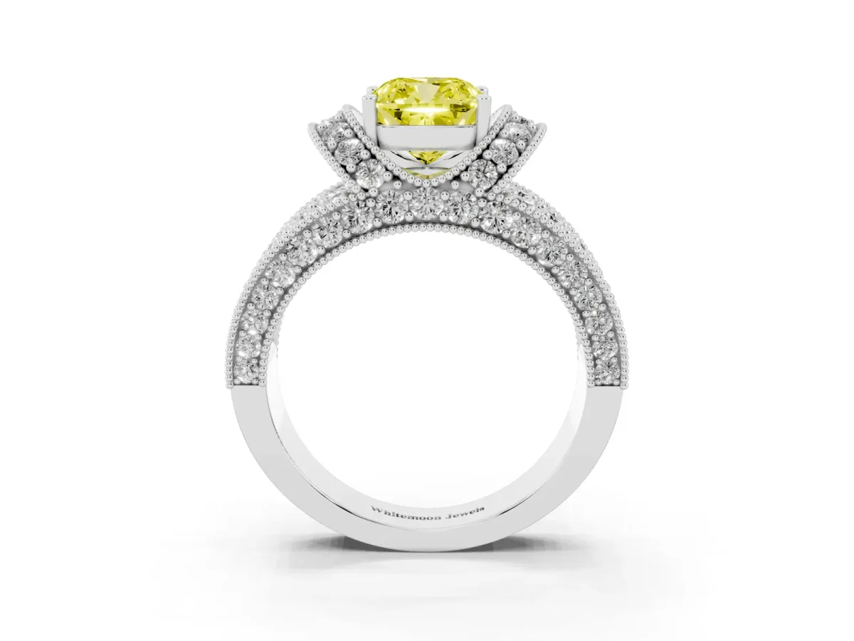 Fancy Yellow Cushion Cut Halo Pave Diamond Engagement Ring with Milgrain Detailing Platinum
