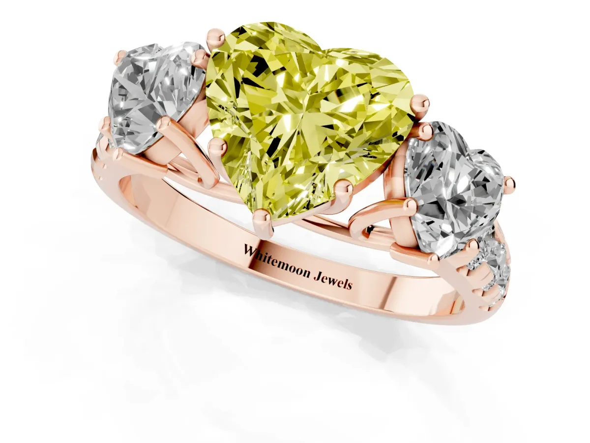 Fancy Yellow Three-Stone Heart Cut Diamond Pavé Band with Prong Setting Rose gold