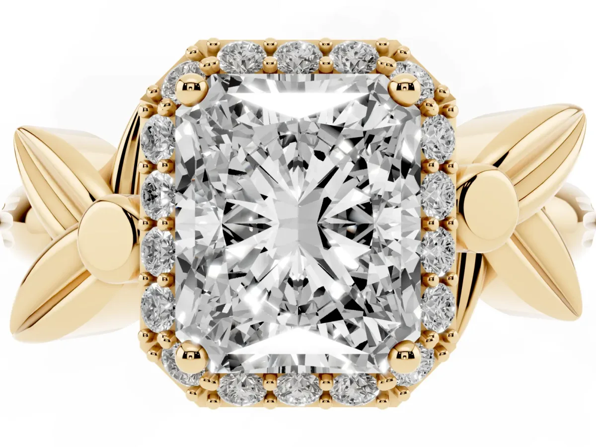 Radiant Cut Halo Diamond Floral Band with Four-Prong Setting Yellow gold