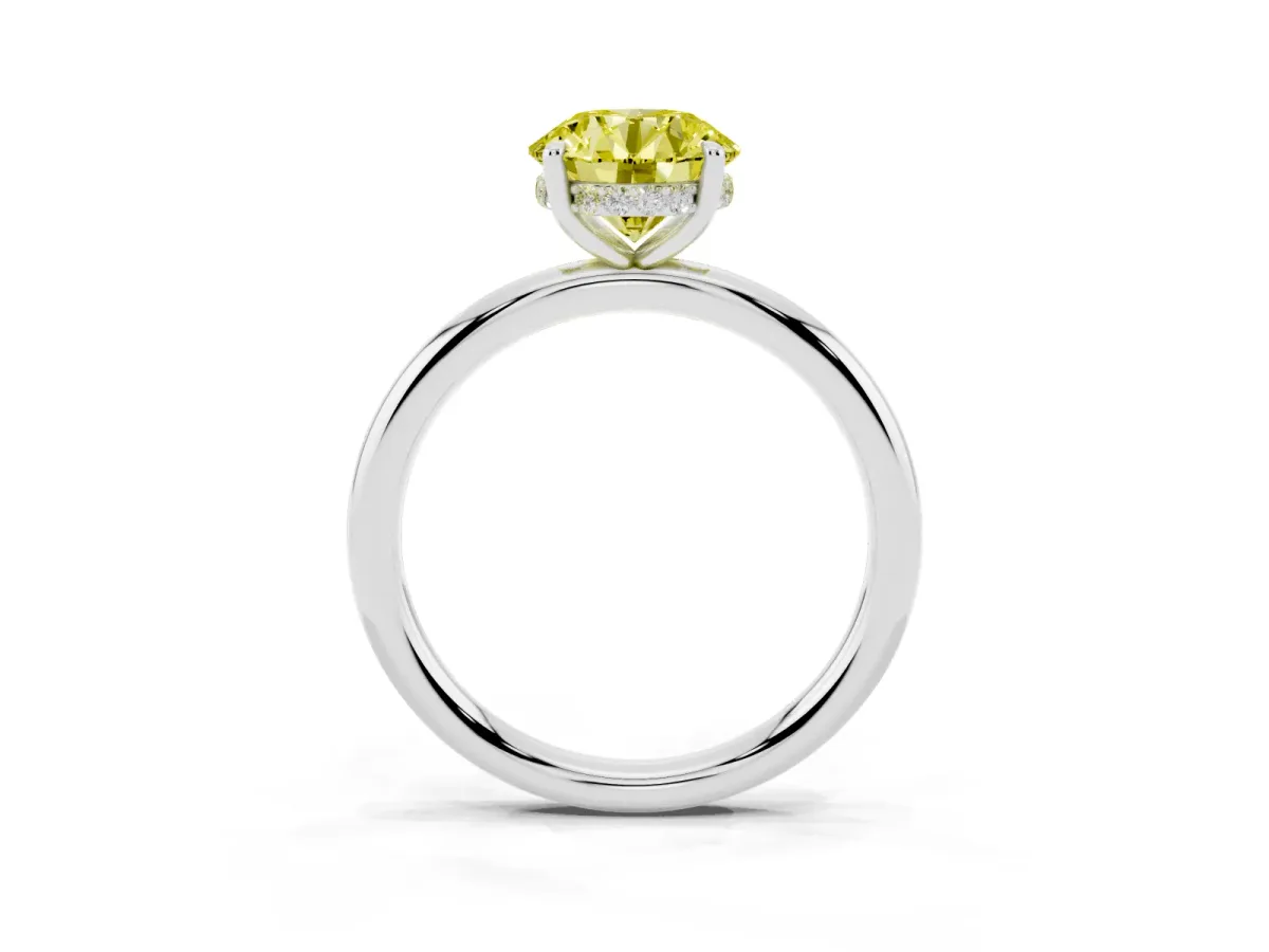 Fancy Yellow Round Cut Diamond Solitaire Ring with Thin Band and Four-Prong Setting Platinum
