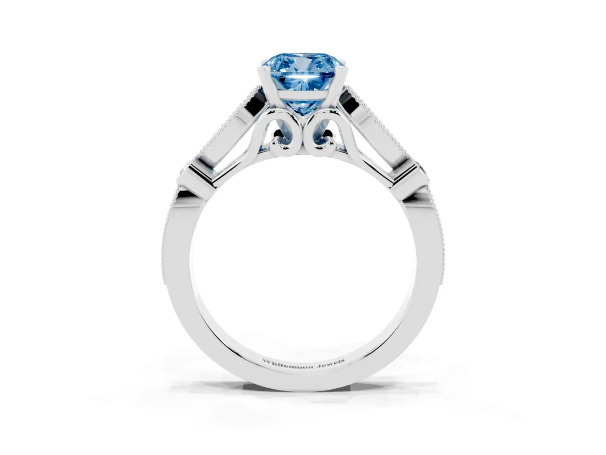 Fancy Blue Cushion Cut Cut Diamond with Milgrain Marquise and Bezel Accents on a Solitaire Band with Prong Setting White gold