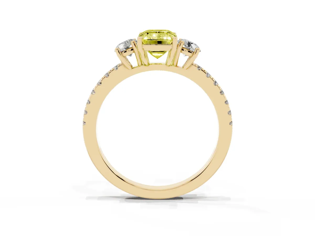 Fancy Yellow Three-Stone Emerald Cut Cut Diamond Pavé Band with Prong Setting Yellow gold