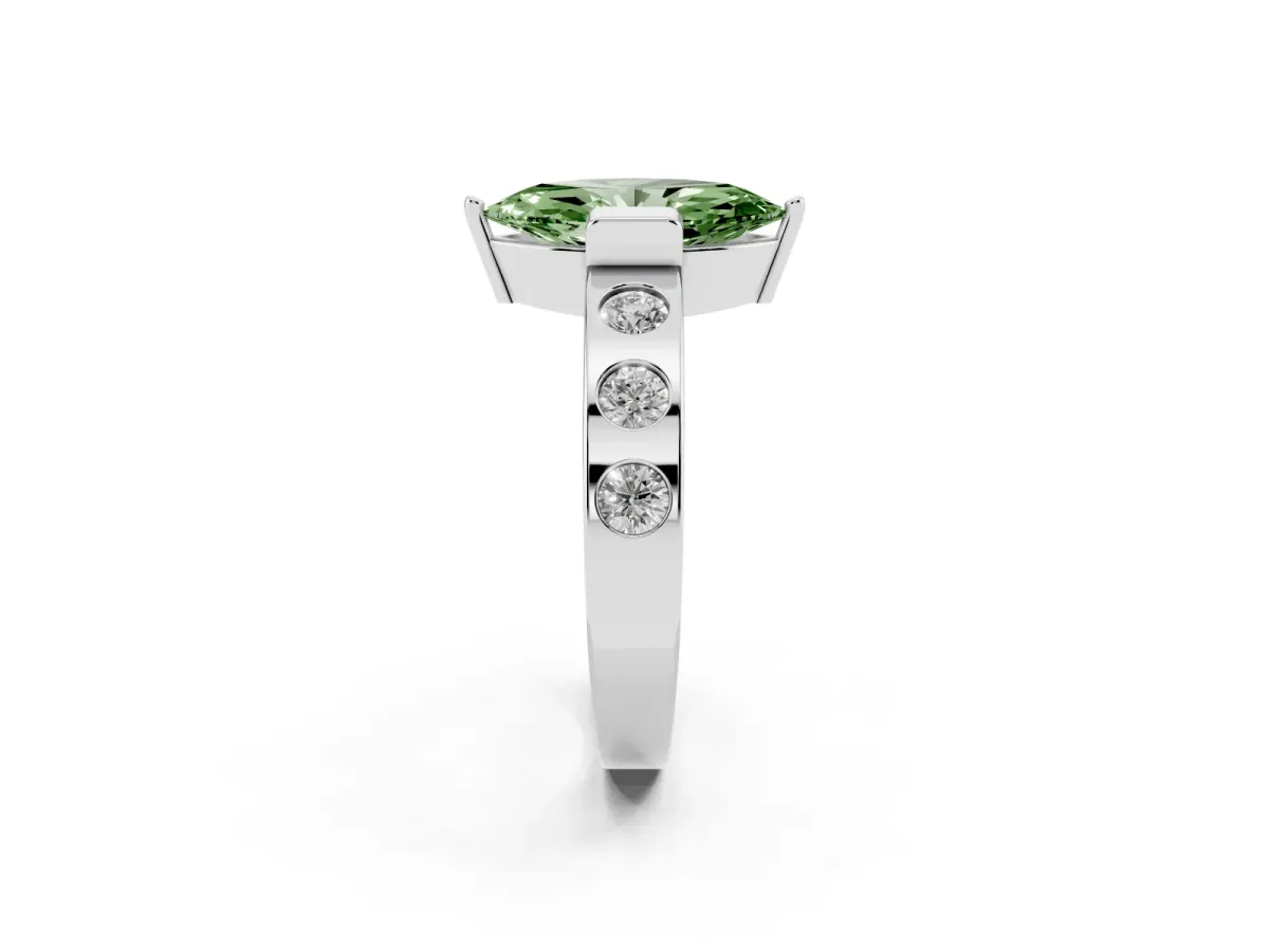 Fancy Green Marquise Cut Brilliant Channel-Set Diamond Ring with Bezel Prong Setting Silver