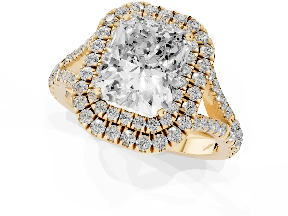 Radiant Cut Cut Double Halo Split Shank Diamond Ring with Prong Setting Yellow gold