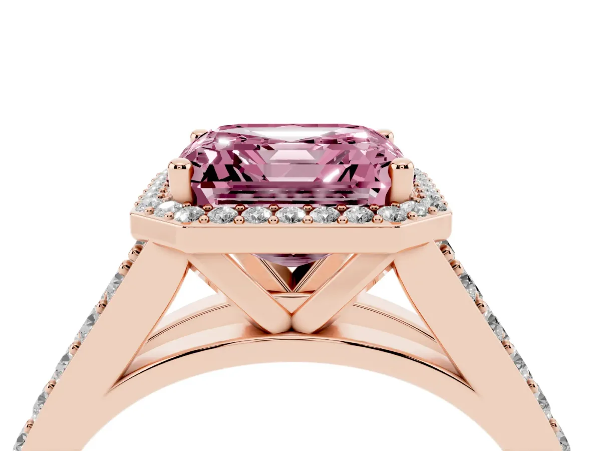 Fancy Pink Asscher Cut Diamond Split Shank Halo Ring with Four-Prong Setting Rose gold