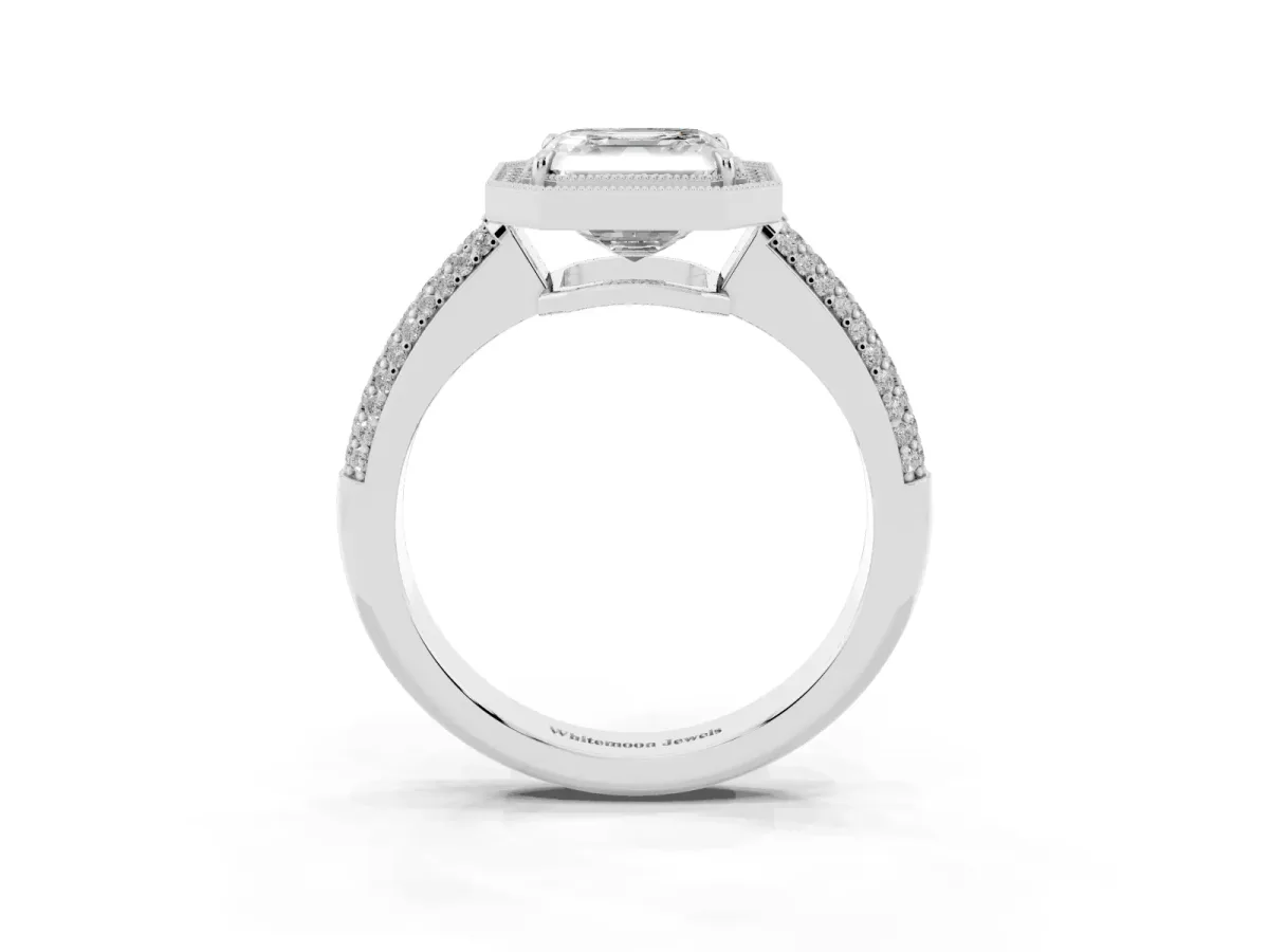 Asscher Cut Cut Halo Diamond Pave Band with Four-Prong Setting White gold