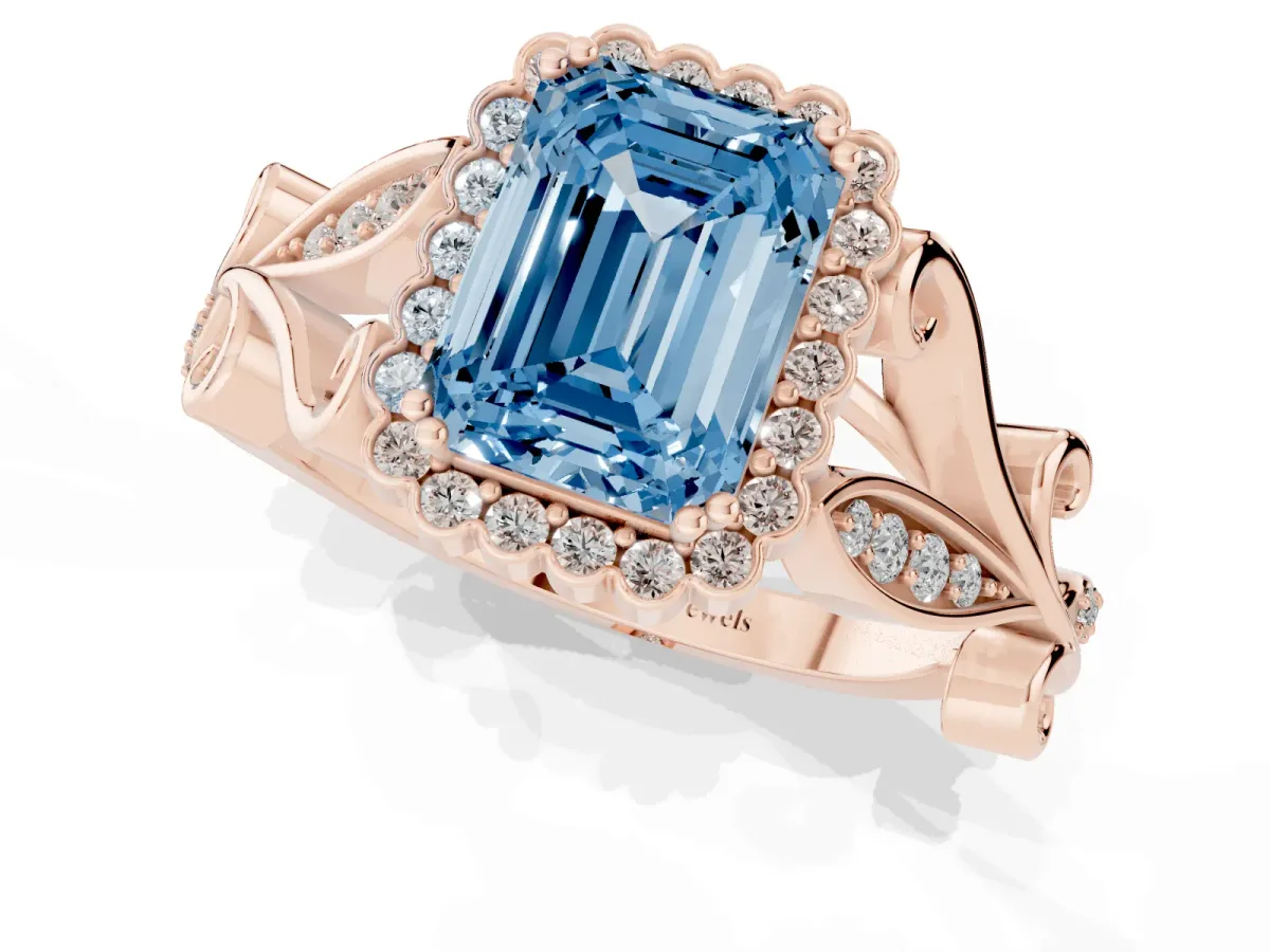 Fancy Blue Emerald Cut Diamond Halo Ring with Vintage Split Shank and Four-Prong Setting Rose gold
