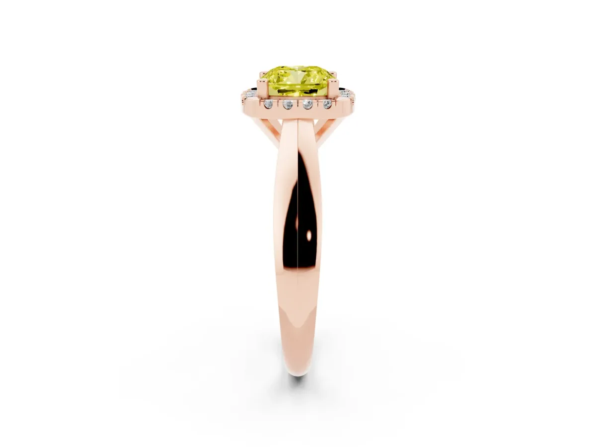 Fancy Yellow Cushion Cut Cut Halo Solitaire Engagement Ring with Square Band and Four-Prong Setting Rose gold