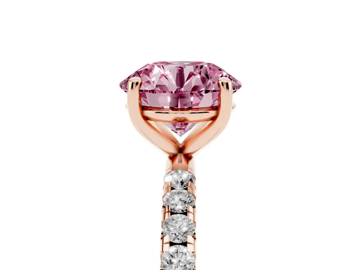 Fancy Pink Round Cut Cut Diamond Solitaire Ring with Micro Pave Band and Four Prong Setting Rose gold
