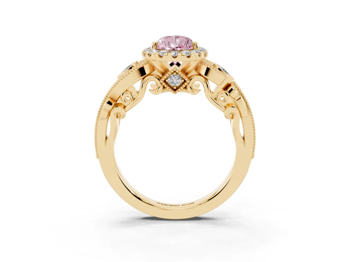 Fancy Pink Pear Cut Halo Diamond Ring with Milgrain and Bezel Accents on a Split Shank Band Yellow gold