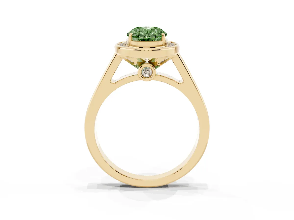 Fancy Green Oval Cut Halo Solitaire Diamond Ring with Pave Band and Bezel Setting Yellow gold