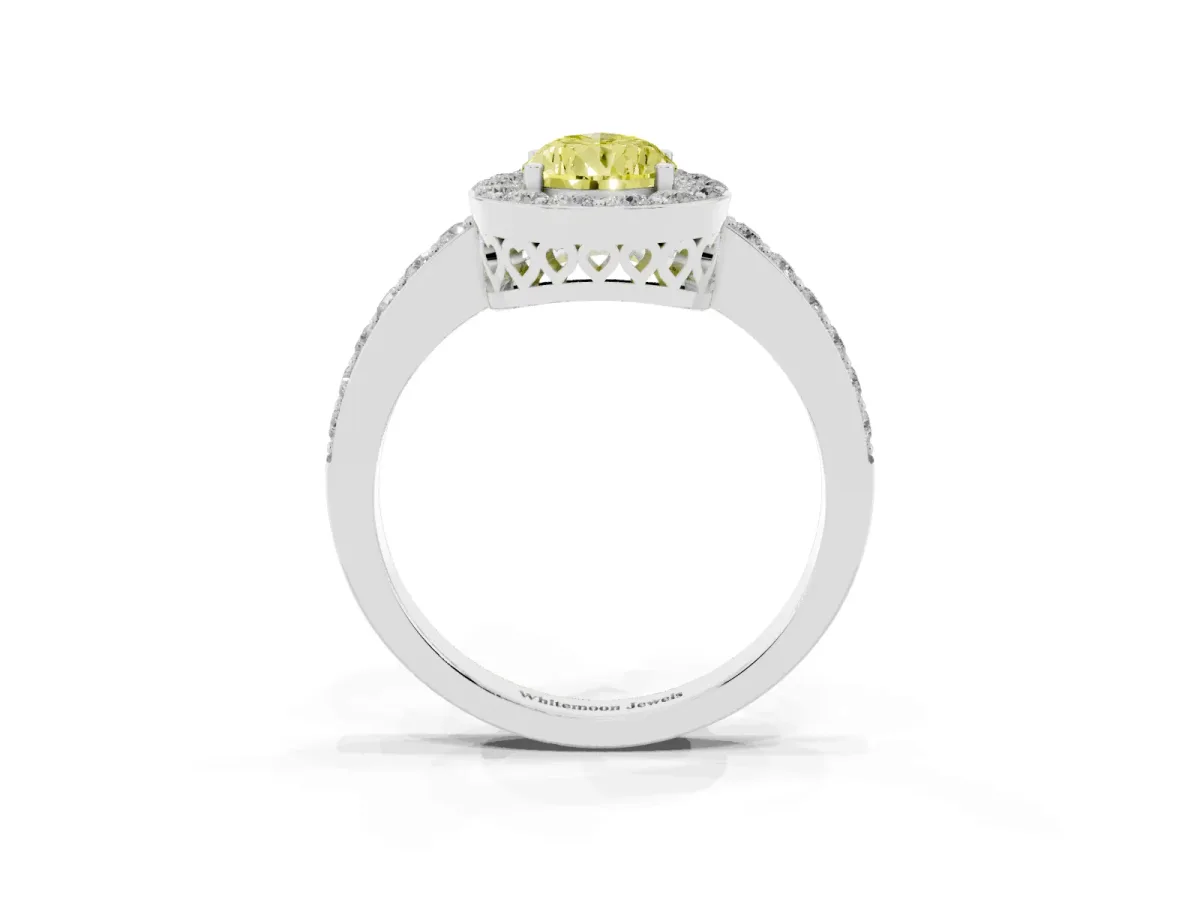 Fancy Yellow Pear Cut Halo Diamond Pavé Band Ring with Prong Setting Silver