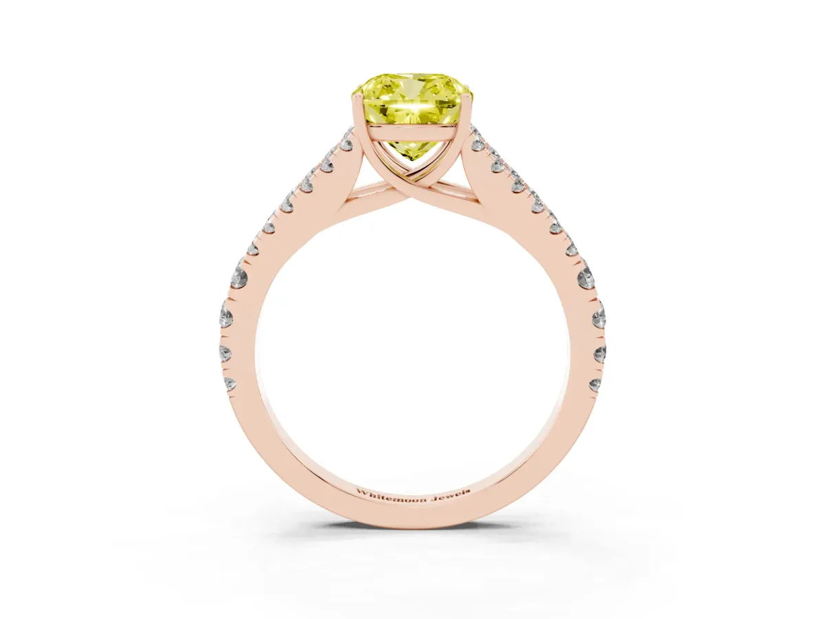 Fancy Yellow Cushion Cut Diamond Split Shank Engagement Ring with Round Pavé and Prong Setting Rose gold
