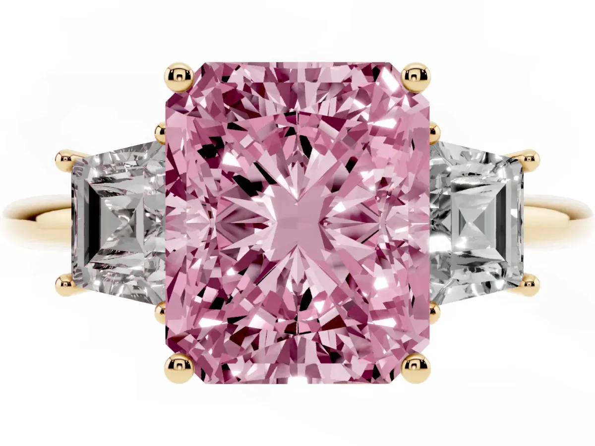 Fancy Pink Radiant Cut Diamond Three-Stone Ring with Trapezoid Side Stones and Prong Setting Yellow gold