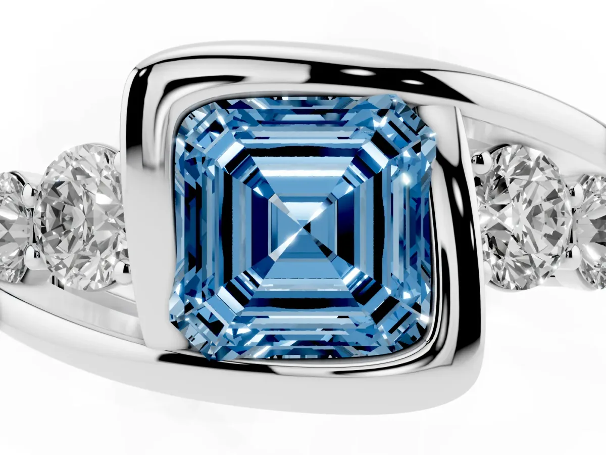 Fancy Blue Bezel Set Asscher Cut Diamond Bypass Ring with Round Accents Platinum