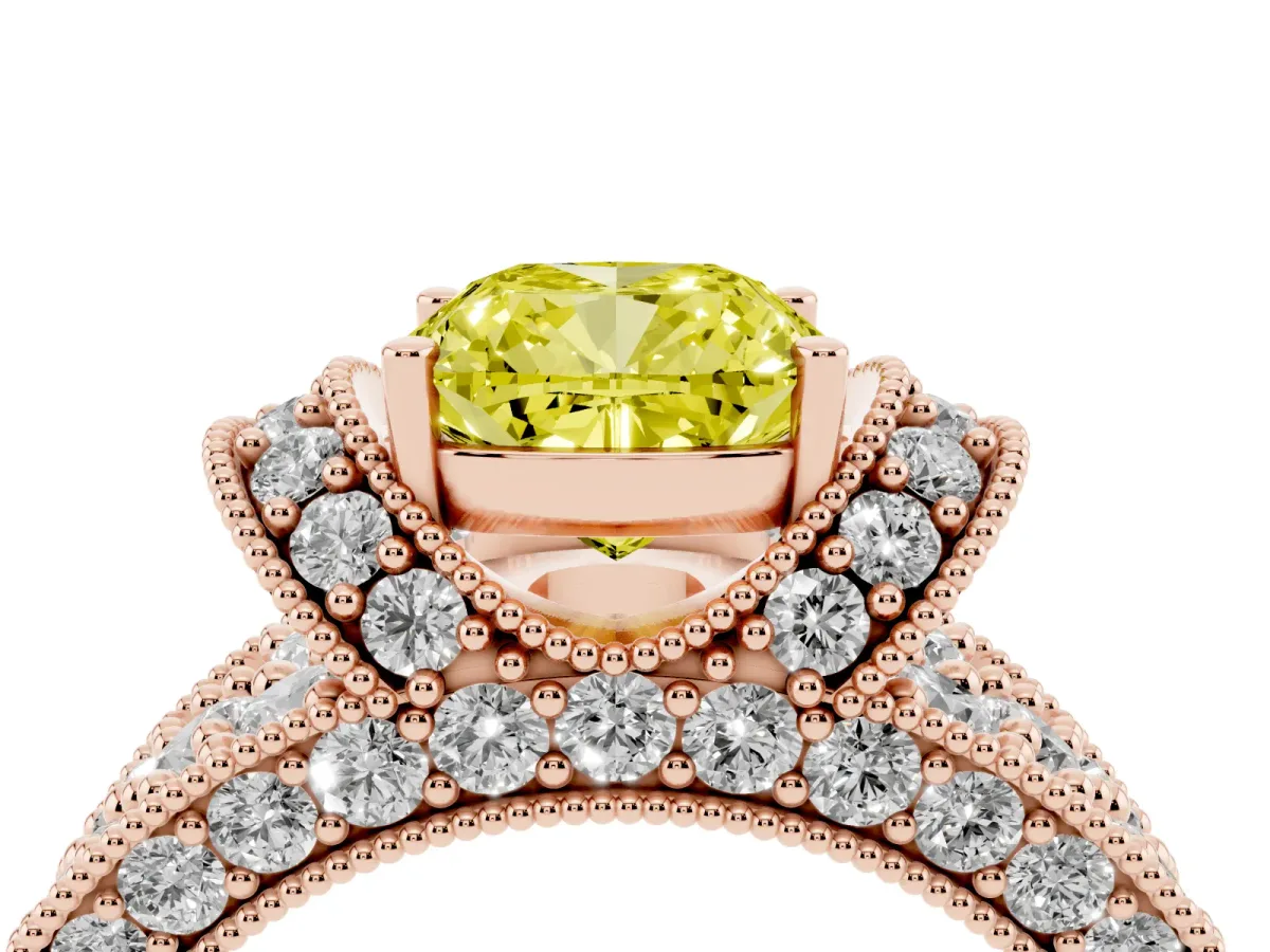 Fancy Yellow Cushion Cut Halo Pave Diamond Engagement Ring with Milgrain Detailing Rose gold