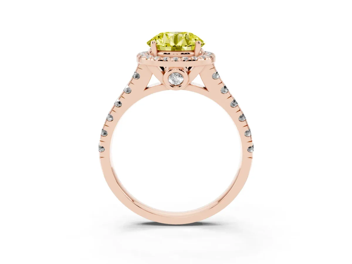 Fancy Yellow Round Cut Halo Pavé Diamond Engagement Ring with Four-Prong Setting Rose gold