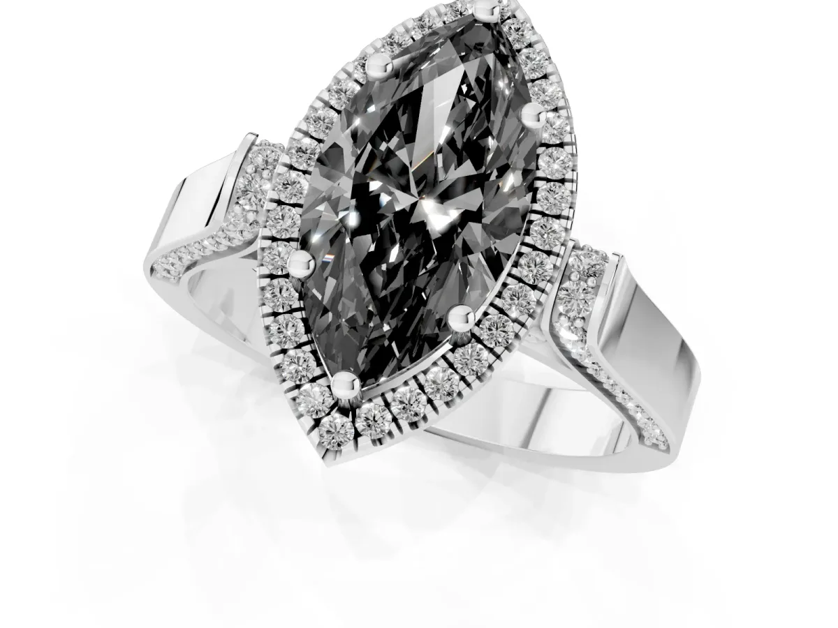 Fancy Black Marquise Cut Halo Round Diamond Twist Band with Four-Prong Setting White gold