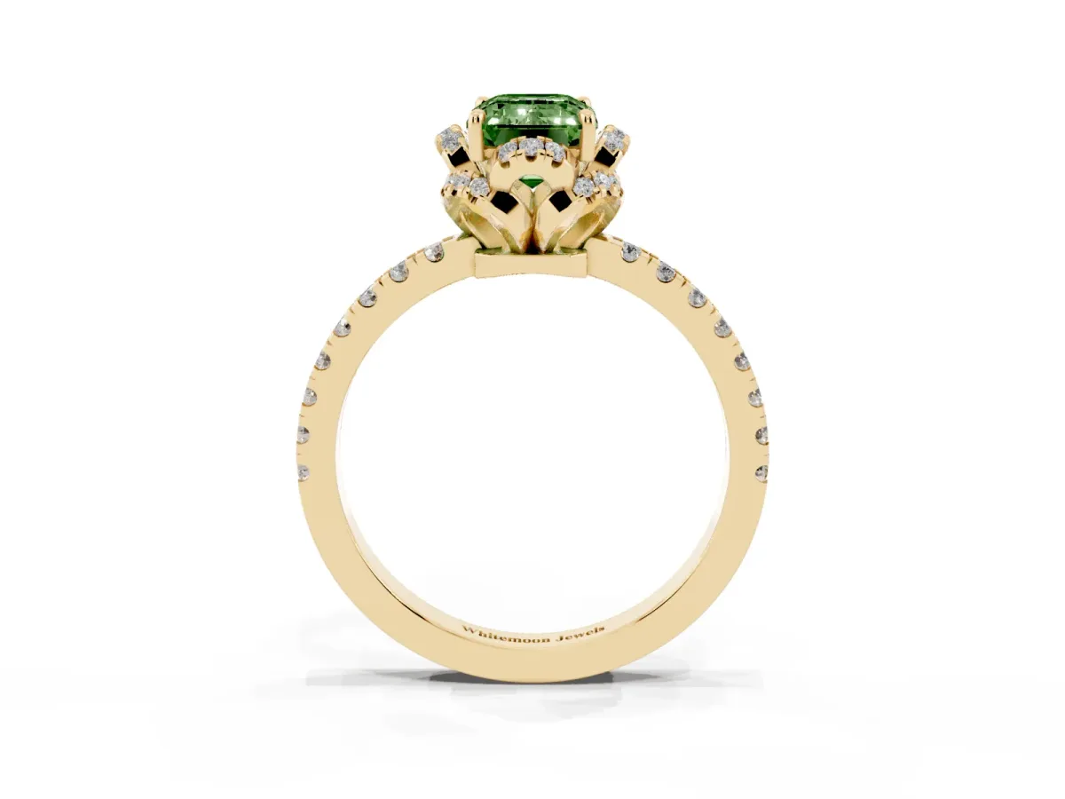 Fancy Green Emerald Cut Diamond Halo Pave Band with Four-Prong Setting Yellow gold