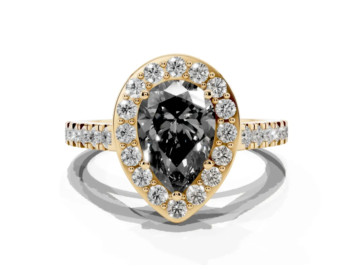 Fancy Black Pear Cut Diamond Halo Ring with Round Pavé Split Shank and Prong Setting Yellow gold
