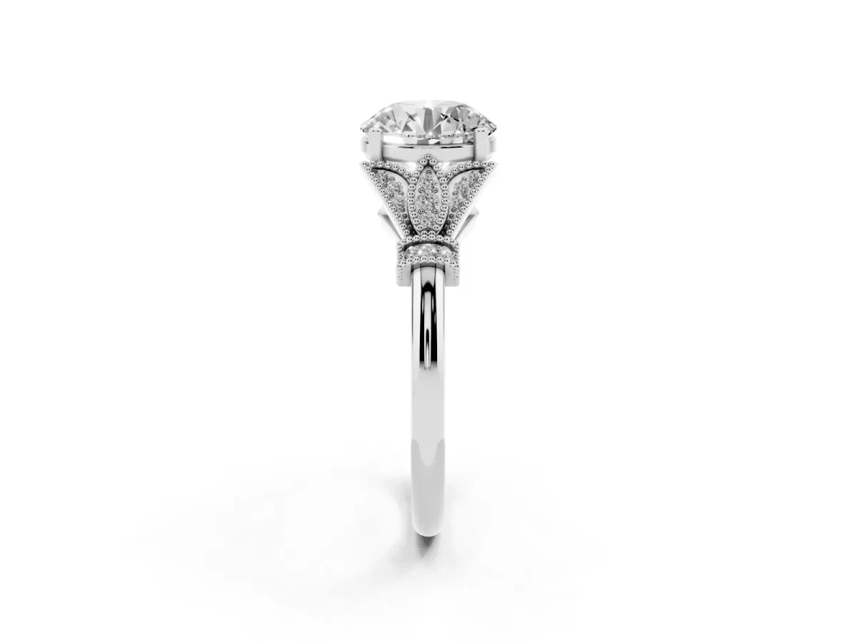 Round Cut Diamond Solitaire Ring with Floral Filigree and Pave Accents White gold