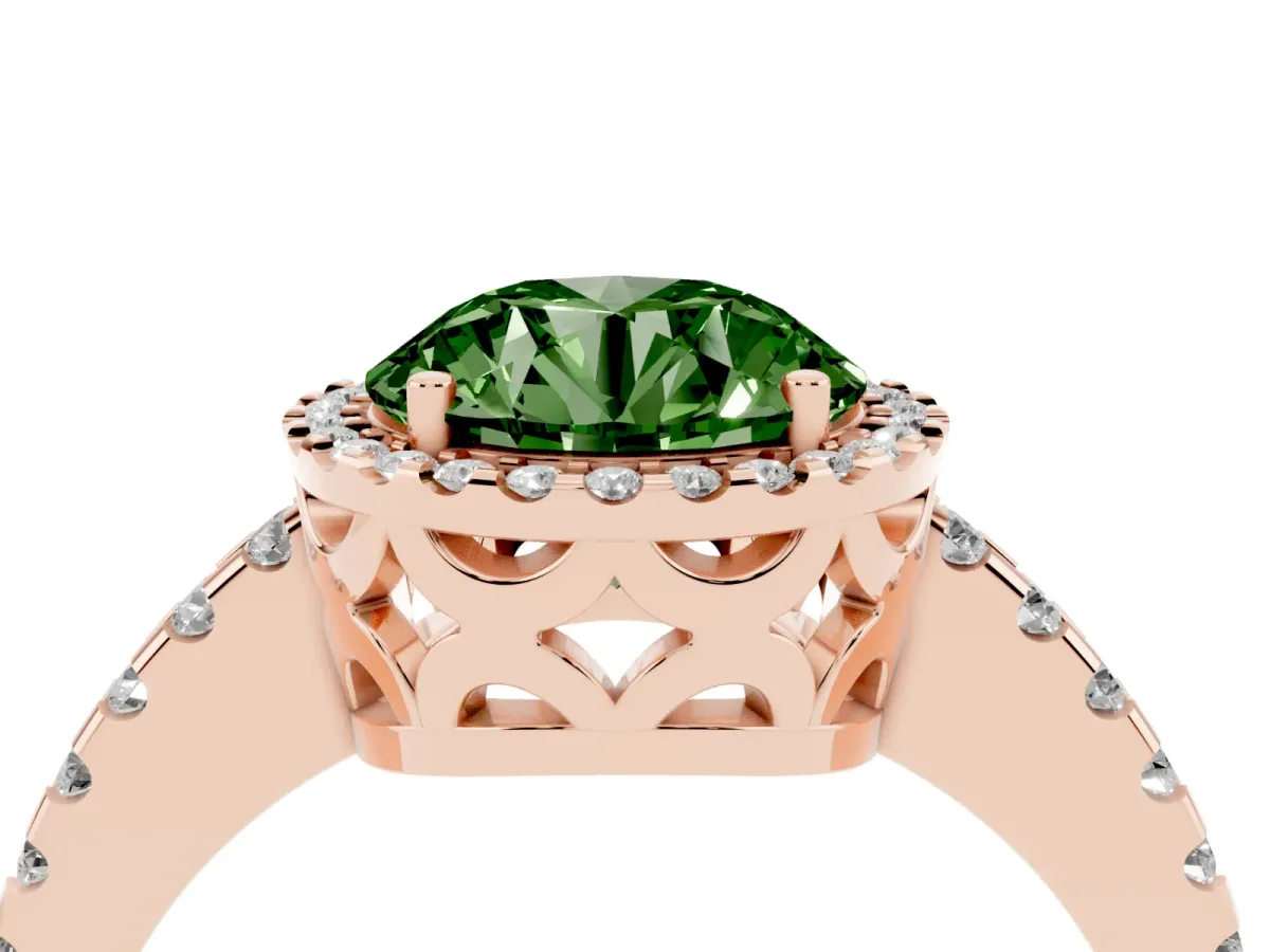 Fancy Green Round Cut Diamond Halo Engagement Ring with Pavé Band and Prong Setting Rose gold