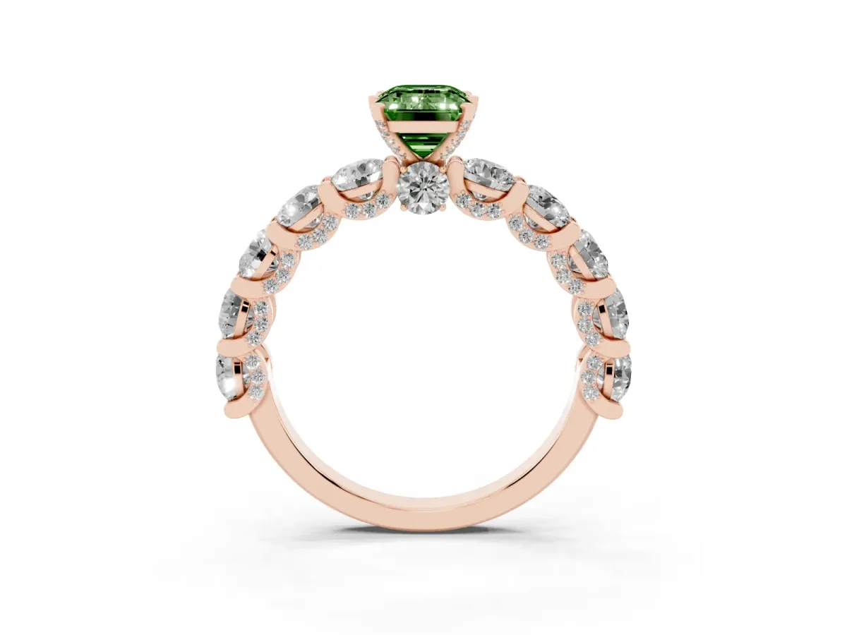 Fancy Green Emerald Cut Diamond Side Stone Engagement Ring with Four-Prong Setting Rose gold