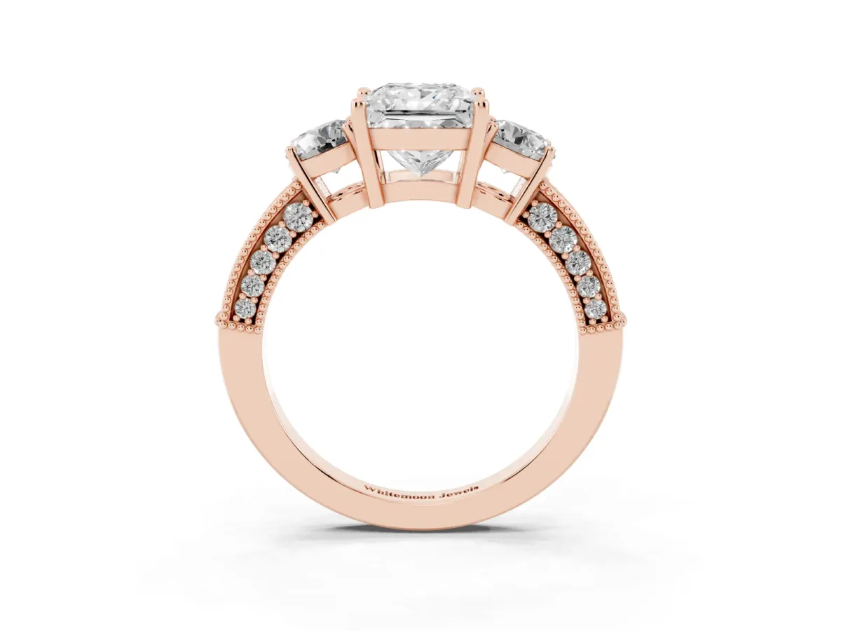 Princess Cut Three-Stone Diamond Ring with Pavé Band and Four-Prong Setting Rose gold