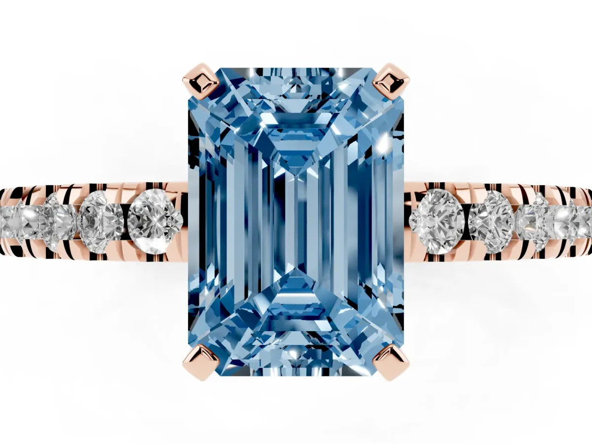 Fancy Blue Emerald Cut Solitaire Diamond with Pavé Band and Four-Prong Setting Rose gold