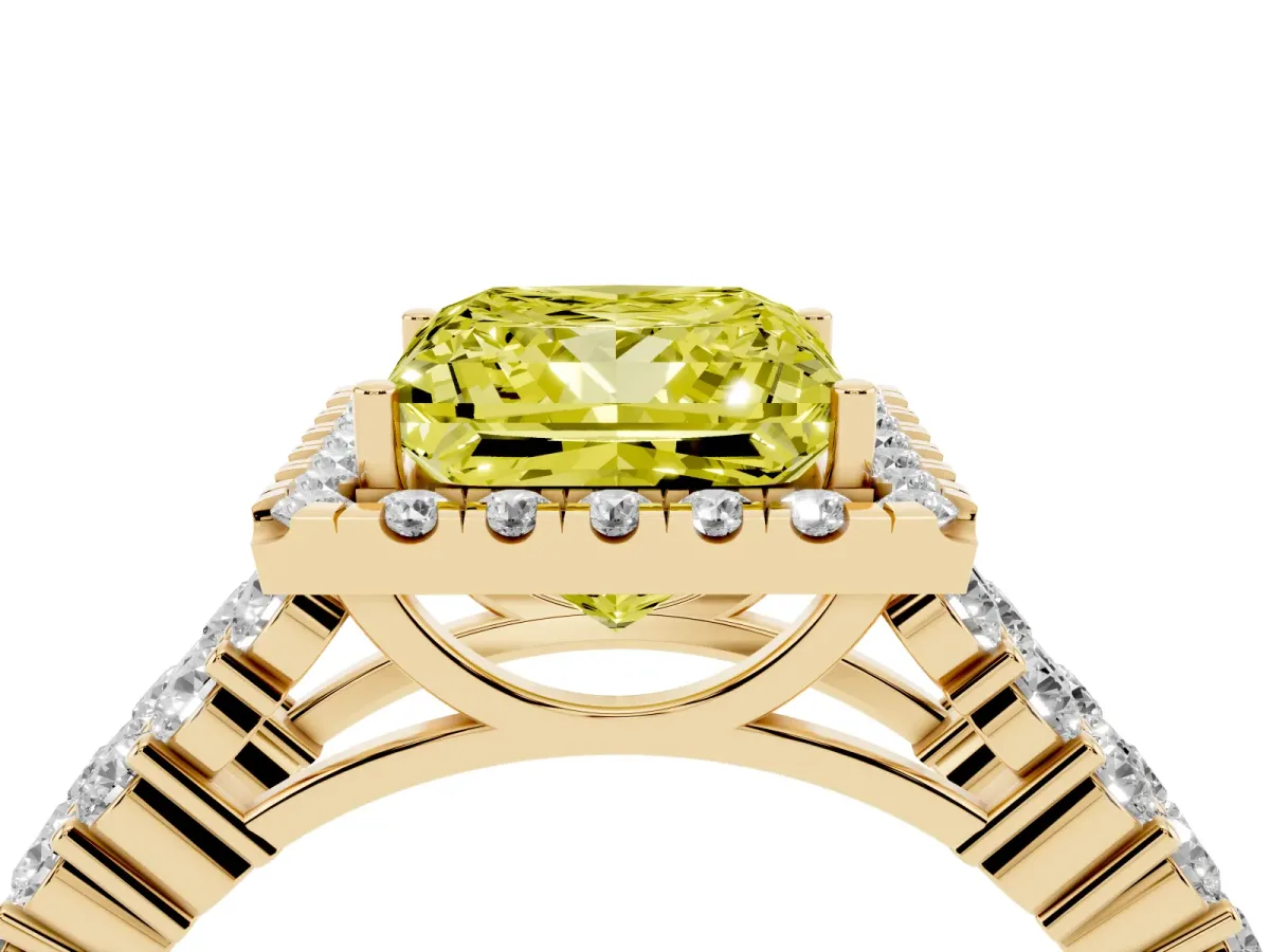 Fancy Yellow Princess Cut Diamond Halo Engagement Ring with Triple Row Round Pavé Band and Prong Setting Yellow gold