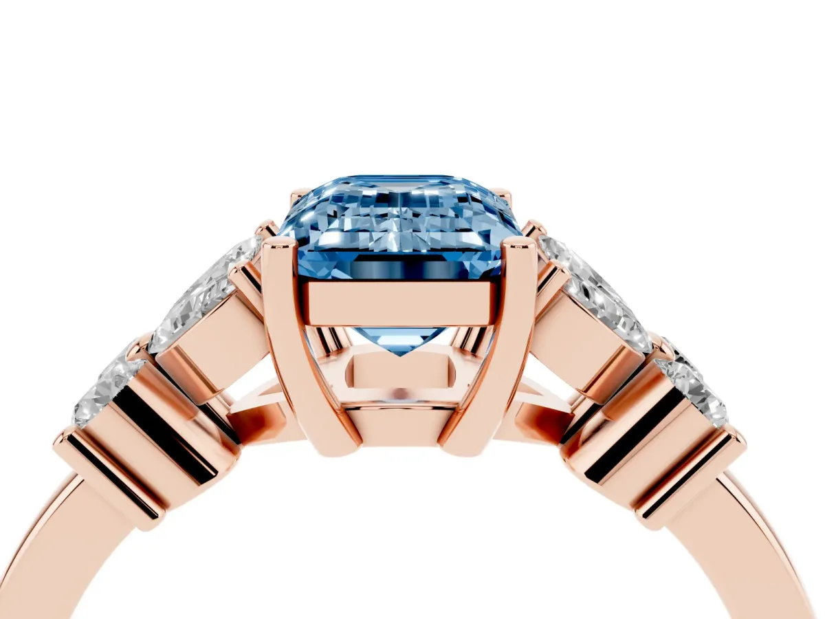 Fancy Blue Emerald Cut Diamond Floral Cluster Ring with Solitaire Band and Prong Setting Rose gold