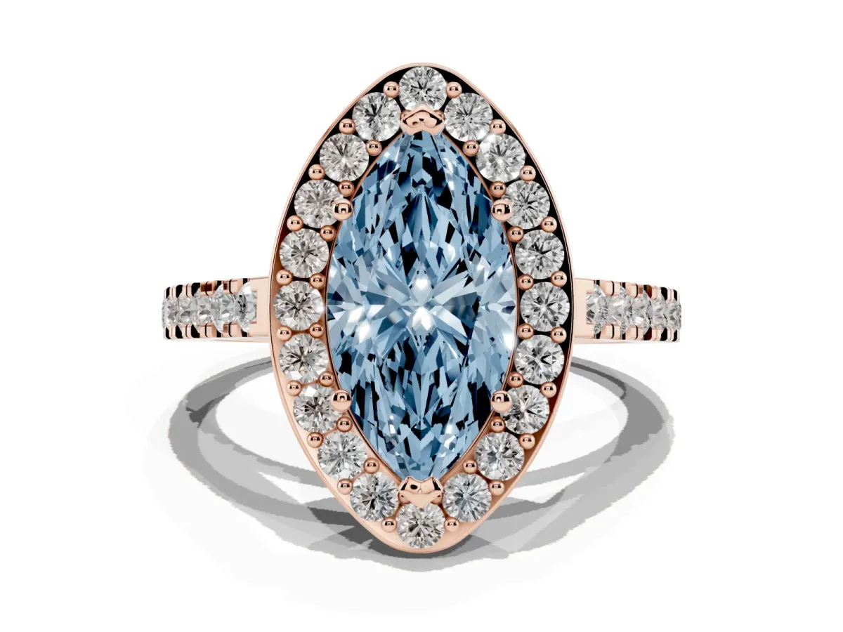 Fancy Blue Marquise Cut Diamond Halo Ring with Round Pavé Split Shank and Prong Setting Rose gold