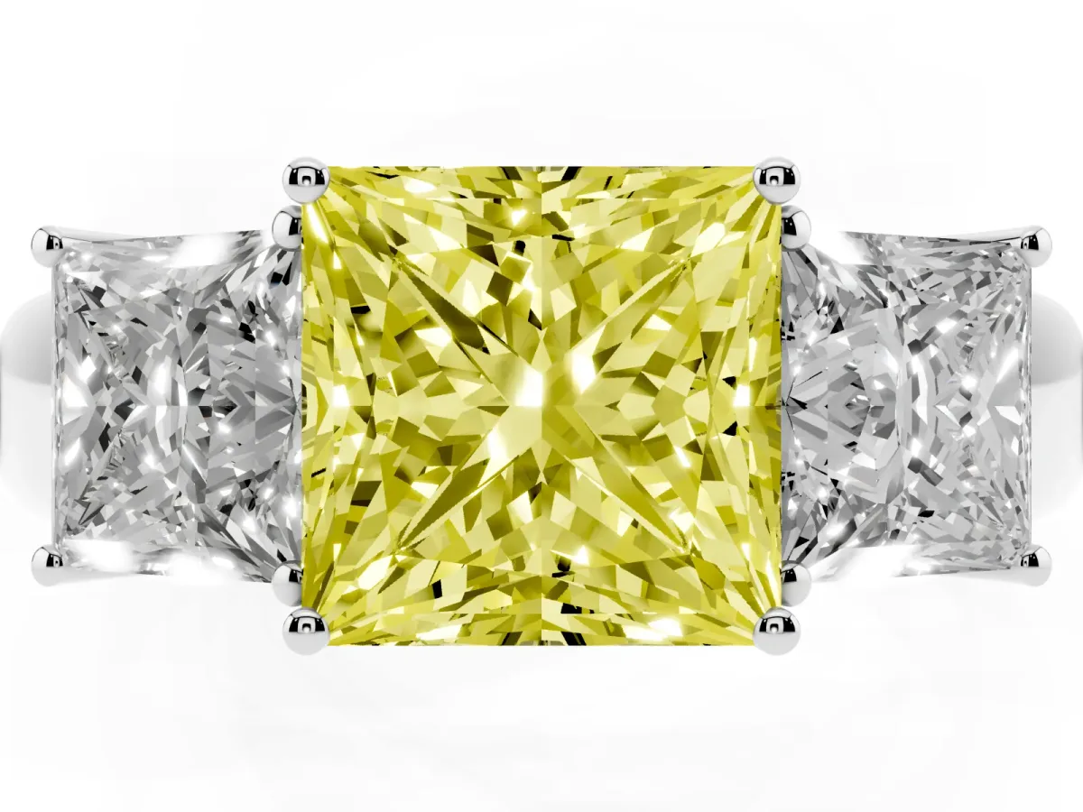 Fancy Yellow Three-Stone Princess Cut Cut Diamond Ring with Prong Setting and Classic Band Silver