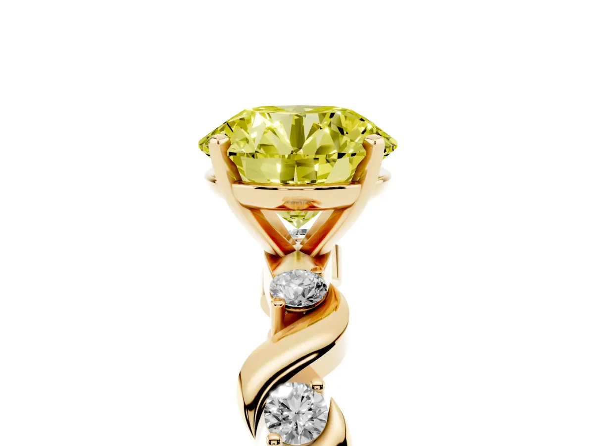 Fancy Yellow Round Cut Diamond Solitaire Twisted Band with Round Accents and Prong Setting Yellow gold