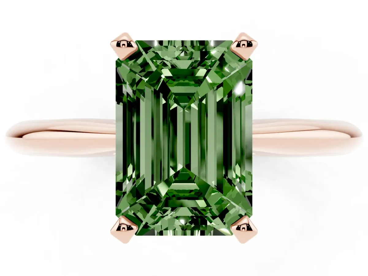 Fancy Green Emerald Cut Cut Solitaire Ring with Four-Prong Setting on a Classic Band Rose gold
