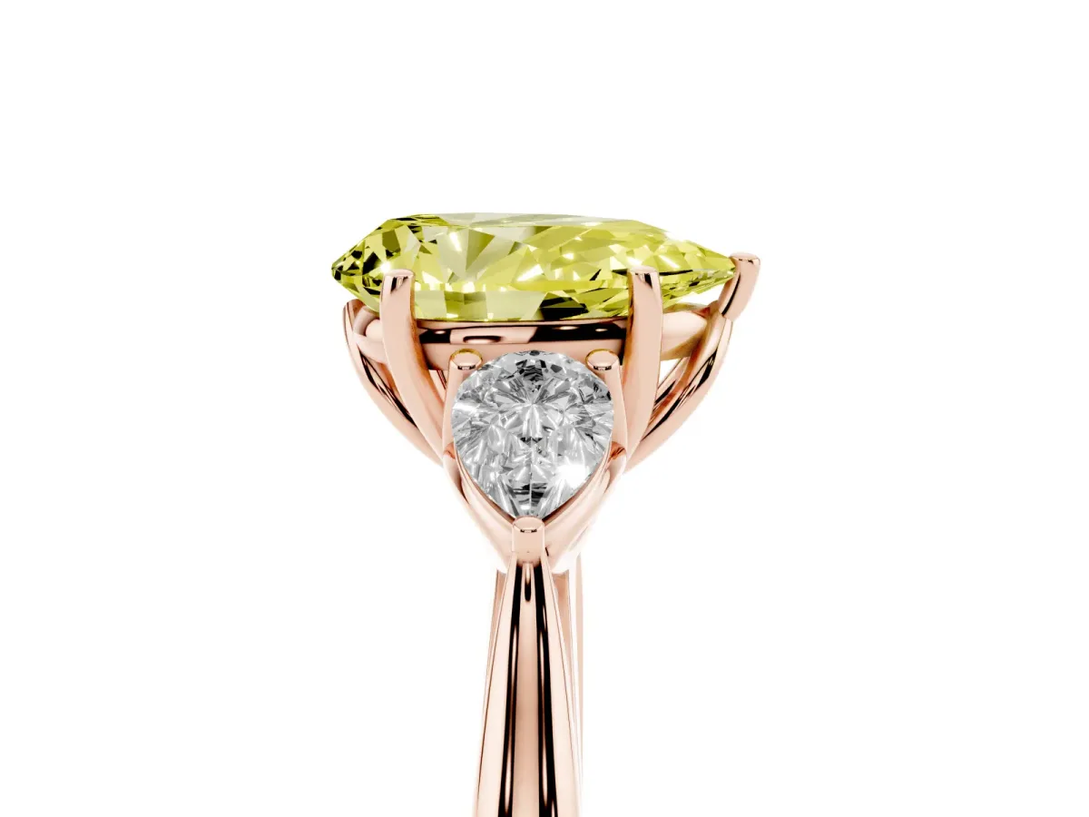 Fancy Yellow Three-Stone Pear Cut Diamond Ring with Pear Side Stones in Four-Prong Setting Rose gold