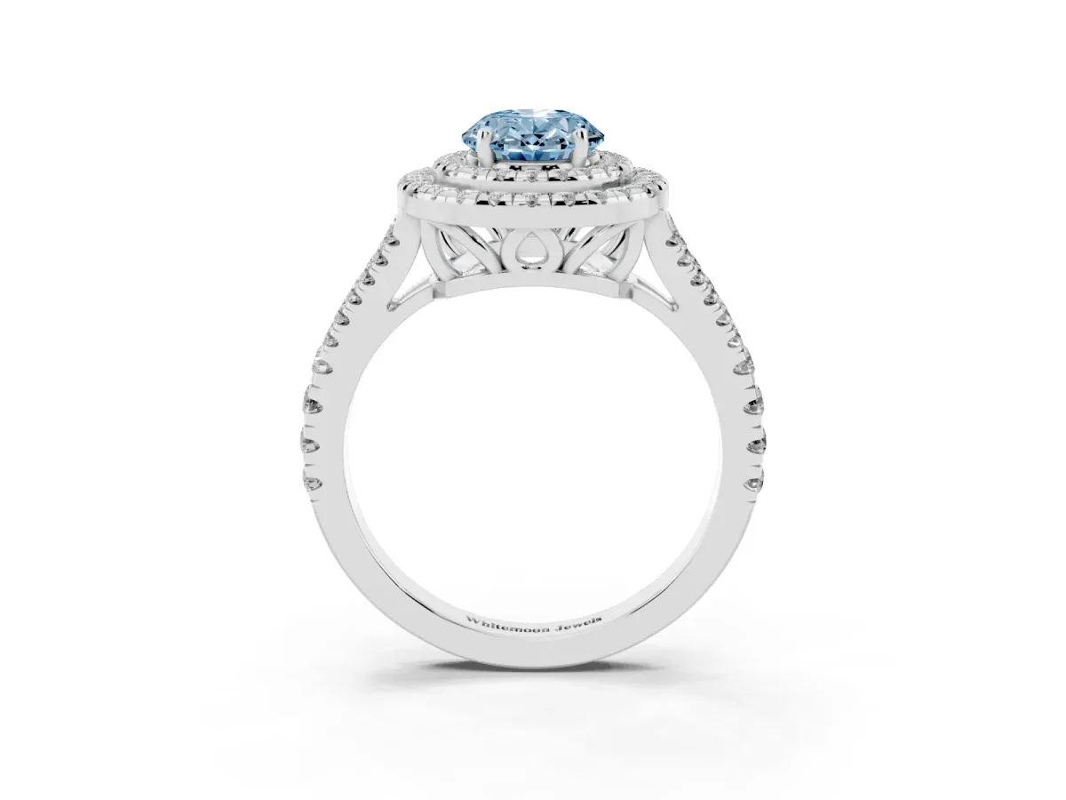 Fancy Blue Oval Cut Diamond Double Halo Ring with Pavé Band and Prong Setting Silver