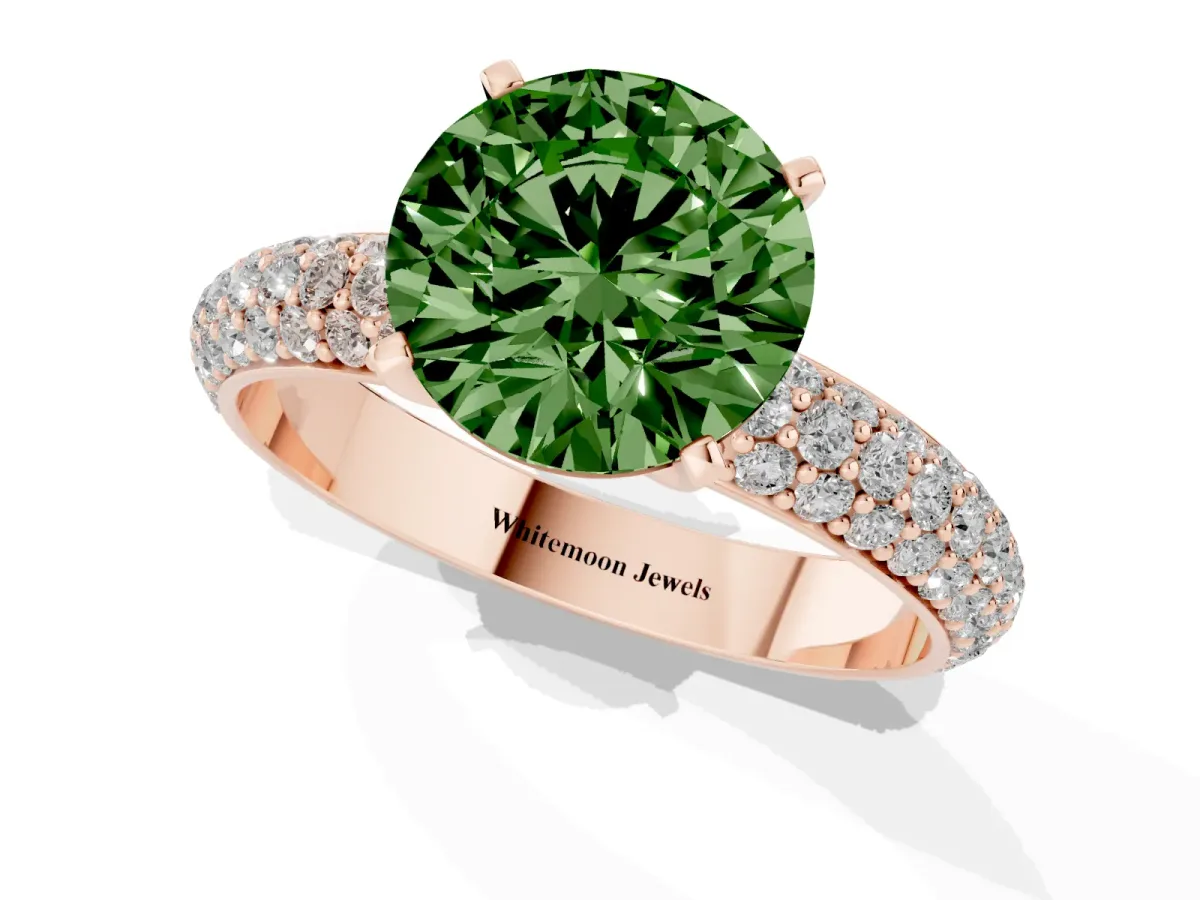Fancy Green Round Cut Diamond Solitaire Ring with Prong Setting and Pavé Band Rose gold